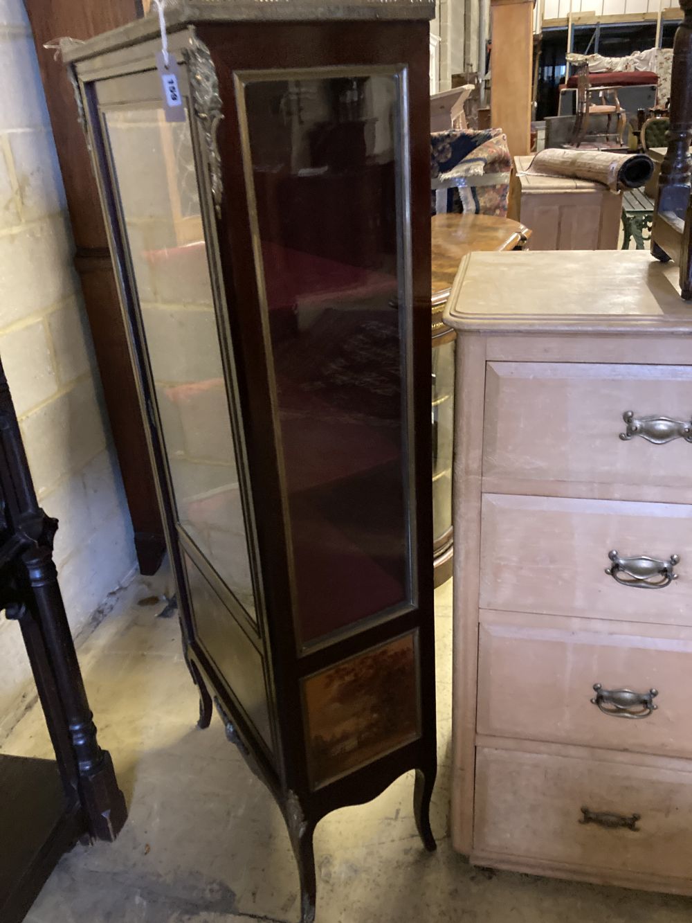 A Vernis Martins style marble top gilt metal mounted vitrine, width 62cm, depth 33cm, height 152cm